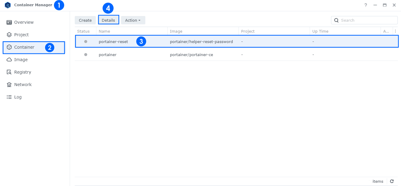 Synology Resetování hesla Porttainer KROK 5