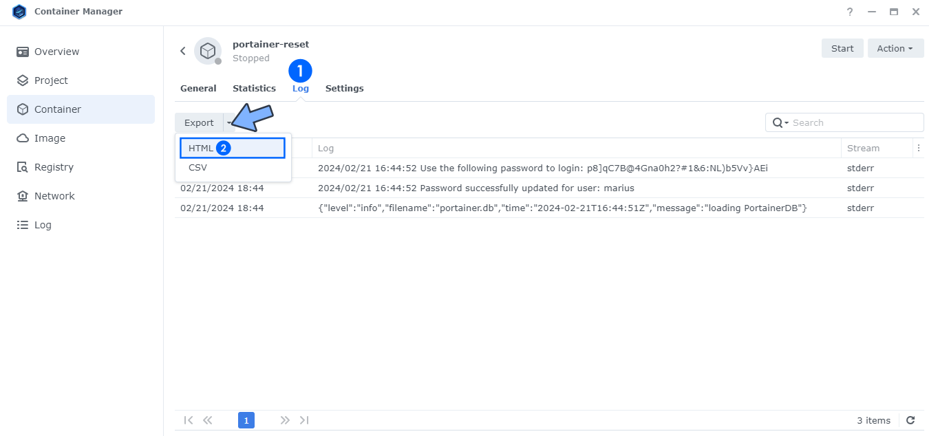 Synology Resetování hesla Porttainer KROK 6