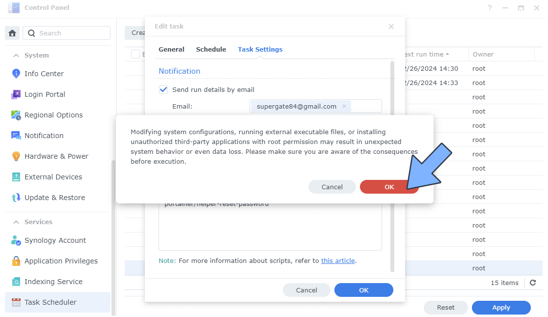 Synology Resetování hesla Porttainer KROK 3