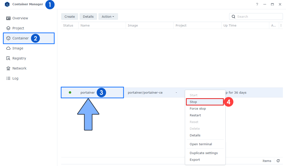 Synology Resetování hesla Porttainer KROK 1