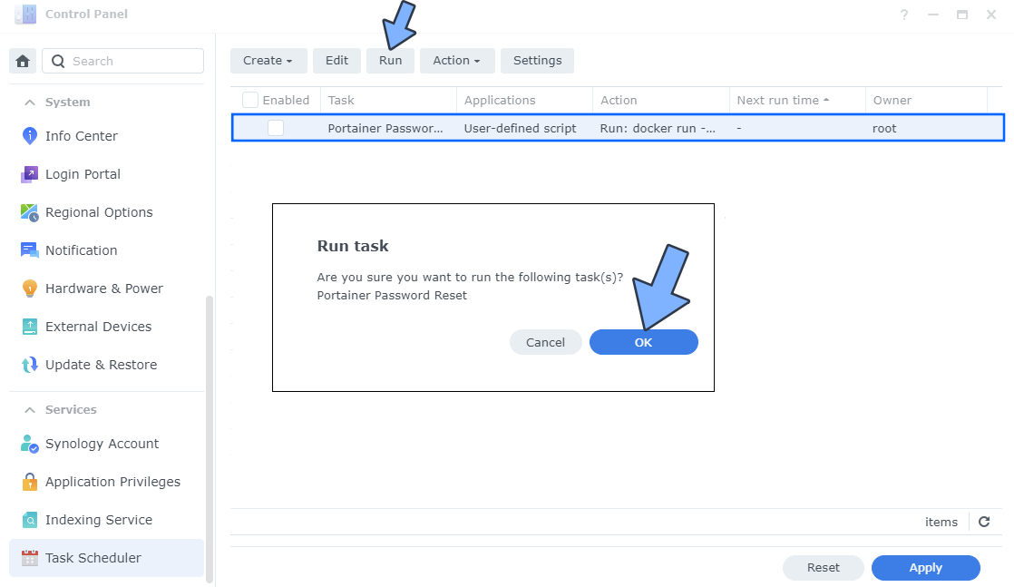 Synology Resetování hesla Porttainer KROK 4